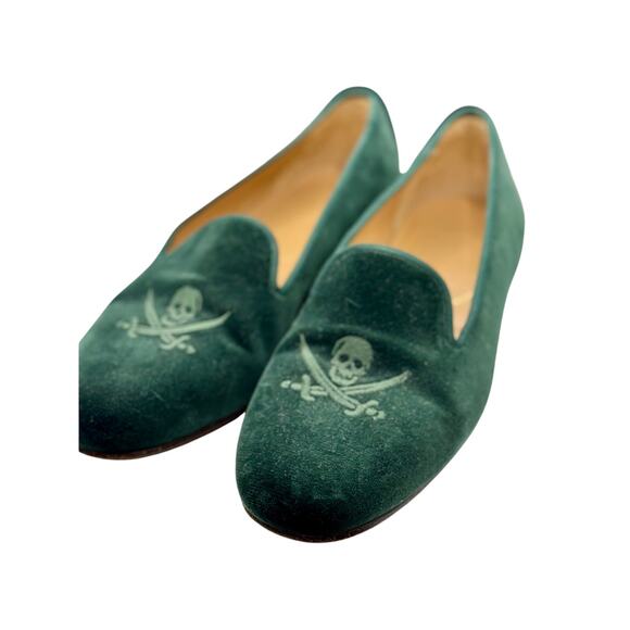 Stubbs and Wootton Green Jolly Roger Skull Embroidered Velvet Slippers Men's 8 - Picture 2 of 7